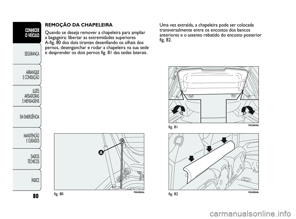 Abarth Punto Evo 2010  Manual de Uso e Manutenção (in Portuguese) 80
CONHECER 
O VEÍCULO
SEGURANÇA 
ARRANQUE 
E CONDUÇÃO
LUZES 
AVISADORAS
E MENSAGENS
EM EMERGÊNCIA
MANUTENÇÃO 
E CUIDADOS
DADOS 
TÉCNICOS
ÍNDICE
REMOÇÃO DA CHAPELEIRA
Quando se deseja remov