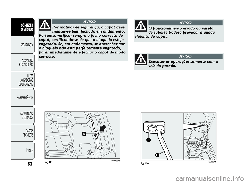 Abarth Punto Evo 2010  Manual de Uso e Manutenção (in Portuguese) 82
CONHECER 
O VEÍCULO
SEGURANÇA 
ARRANQUE 
E CONDUÇÃO
LUZES 
AVISADORAS
E MENSAGENS
EM EMERGÊNCIA
MANUTENÇÃO 
E CUIDADOS
DADOS 
TÉCNICOS
ÍNDICE
F0U088Abfig. 85
Por motivos de segurança, o c