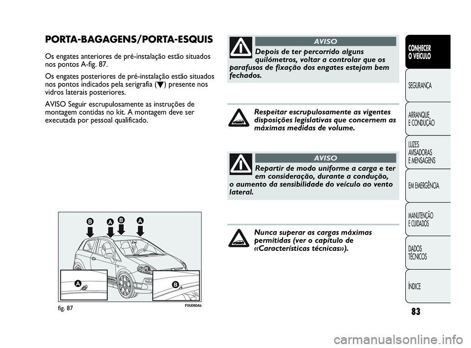 Abarth Punto Evo 2010  Manual de Uso e Manutenção (in Portuguese) 83
CONHECER 
O VEÍCULO
SEGURANÇA
ARRANQUE 
E CONDUÇÃO
LUZES 
AVISADORAS 
E MENSAGENS
EM EMERGÊNCIA
MANUTENÇÃO 
E CUIDADOS
DADOS 
TÉCNICOS
ÍNDICE
F0U090Abfig. 87
PORTA-BAGAGENS/PORTA-ESQUIS
Os