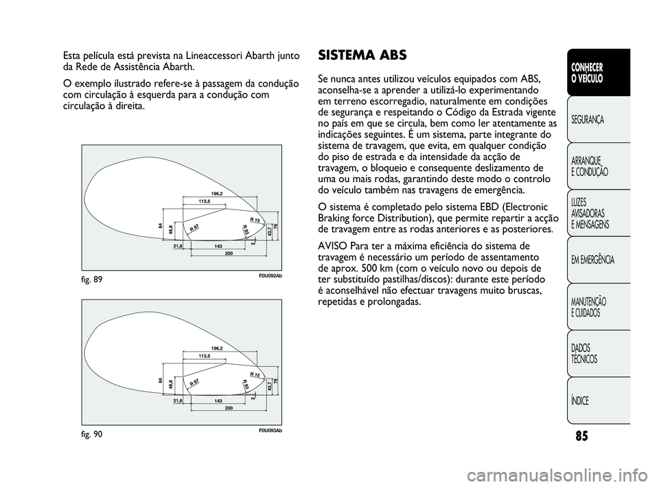 Abarth Punto Evo 2010  Manual de Uso e Manutenção (in Portuguese) 85
CONHECER 
O VEÍCULO
SEGURANÇA
ARRANQUE 
E CONDUÇÃO
LUZES 
AVISADORAS 
E MENSAGENS
EM EMERGÊNCIA
MANUTENÇÃO 
E CUIDADOS
DADOS 
TÉCNICOS
ÍNDICE
Esta película está prevista na Lineaccessori