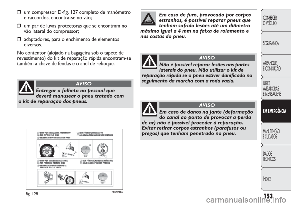 Abarth Punto Evo 2011 Manual de Uso e Manutenção (in Portuguese) ÍNDICE DADOS
TÉCNICOS
MANUTENÇÃO
E CUIDADOS
EM EMERGÊNCIA
LUZES
AVISADORAS
E MENSAGENS ARRANQUE
E CONDUÇÃO SEGURANÇA CONHECER
O VEÍCULO
153
❒um compressor D-fig. 127 completo de manómetr Abarth Punto Evo 2011 Manual de Uso e Manutenção (in Portuguese) ÍNDICE DADOS
TÉCNICOS
MANUTENÇÃO
E CUIDADOS
EM EMERGÊNCIA
LUZES
AVISADORAS
E MENSAGENS ARRANQUE
E CONDUÇÃO SEGURANÇA CONHECER
O VEÍCULO
153
❒um compressor D-fig. 127 completo de manómetr
