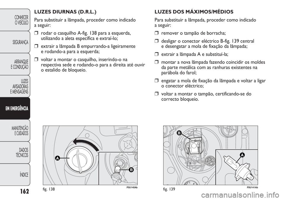 Abarth Punto Evo 2011 Manual de Uso e Manutenção (in Portuguese) 162
CONHECER
O VEÍCULO
SEGURANÇA
ARRANQUE
E CONDUÇÃO
LUZES
AVISADORAS
E MENSAGENS
EM EMERGÊNCIA
MANUTENÇÃO
E CUIDADOS
DADOS
TÉCNICOS
ÍNDICE
F0U140Abfig. 138
LUZES DIURNAS (D.R.L.)
Para subs Abarth Punto Evo 2011 Manual de Uso e Manutenção (in Portuguese) 162
CONHECER
O VEÍCULO
SEGURANÇA
ARRANQUE
E CONDUÇÃO
LUZES
AVISADORAS
E MENSAGENS
EM EMERGÊNCIA
MANUTENÇÃO
E CUIDADOS
DADOS
TÉCNICOS
ÍNDICE
F0U140Abfig. 138
LUZES DIURNAS (D.R.L.)
Para subs