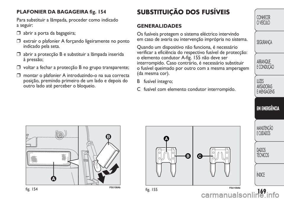 Abarth Punto Evo 2011 Manual de Uso e Manutenção (in Portuguese) 169
CONHECER
O VEÍCULO
SEGURANÇA
ARRANQUE
E CONDUÇÃO
LUZES
AVISADORAS
E MENSAGENS
EM EMERGÊNCIA
MANUTENÇÃO
E CUIDADOS
DADOS
TÉCNICOS
ÍNDICE
F0U156Abfig. 154
PLAFONIER DA BAGAGEIRA fig. 154
Abarth Punto Evo 2011 Manual de Uso e Manutenção (in Portuguese) 169
CONHECER
O VEÍCULO
SEGURANÇA
ARRANQUE
E CONDUÇÃO
LUZES
AVISADORAS
E MENSAGENS
EM EMERGÊNCIA
MANUTENÇÃO
E CUIDADOS
DADOS
TÉCNICOS
ÍNDICE
F0U156Abfig. 154
PLAFONIER DA BAGAGEIRA fig. 154