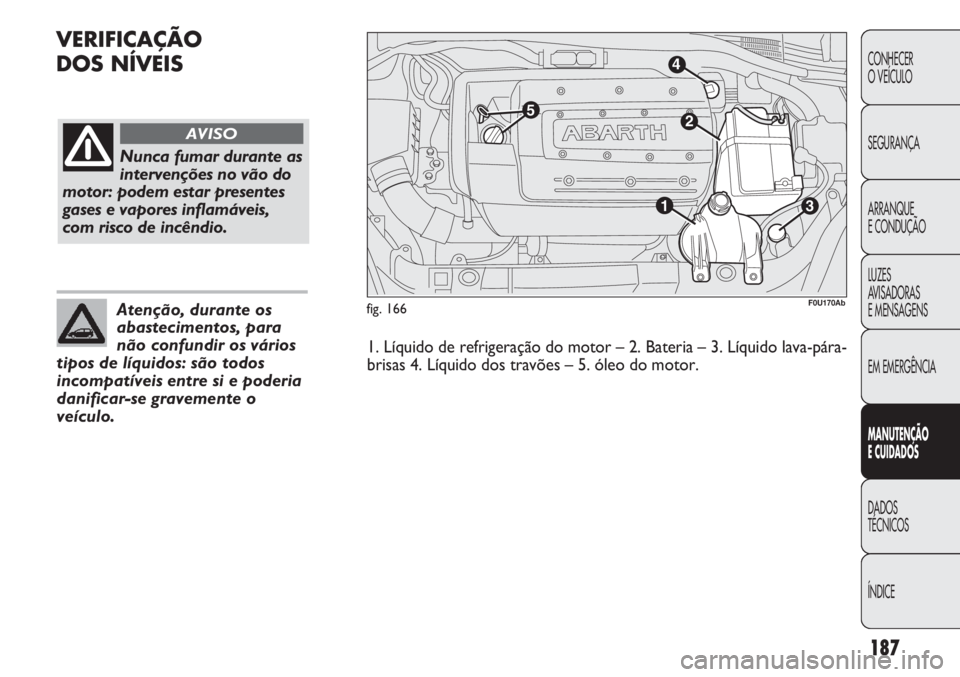 Abarth Punto Evo 2012  Manual de Uso e Manutenção (in Portuguese) 187
CONHECER
O VEÍCULO
SEGURANÇA
ARRANQUE
E CONDUÇÃO
LUZES
AVISADORAS 
E MENSAGENS
EM EMERGÊNCIA
MANUTENÇÃO
E CUIDADOS 
DADOS
TÉCNICOS
ÍNDICE
VERIFICAÇÃO
DOS NÍVEIS
fig. 166
Nunca fumar du