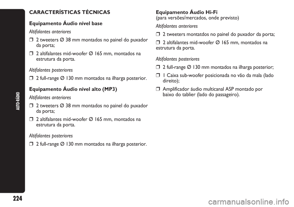Abarth Punto Evo 2011 Manual de Uso e Manutenção (in Portuguese) 224
AUTO-RÁDIO
Equipamento Áudio Hi-Fi
(para versões/mercados, onde previsto)
Altifalantes anteriores
❒2 tweeters montatdos no painel do puxador da porta;
❒2 altifalantes mid-woofer Ø 165 mm, Abarth Punto Evo 2011 Manual de Uso e Manutenção (in Portuguese) 224
AUTO-RÁDIO
Equipamento Áudio Hi-Fi
(para versões/mercados, onde previsto)
Altifalantes anteriores
❒2 tweeters montatdos no painel do puxador da porta;
❒2 altifalantes mid-woofer Ø 165 mm,