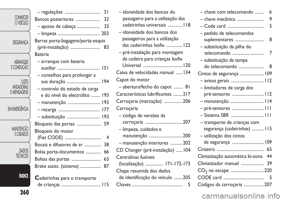 Abarth Punto Evo 2011 Manual de Uso e Manutenção (in Portuguese) 260
CONHECER
O VEÍCULO
SEGURANÇA
ARRANQUE
E CONDUÇÃO
LUZES
AVISADORAS
E MENSAGENS
EM EMERGÊNCIA
MANUTENÇÃO
E CUIDADOS
DADOS
TÉCNICOS
ÍNDICE
– regulações ................................ Abarth Punto Evo 2011 Manual de Uso e Manutenção (in Portuguese) 260
CONHECER
O VEÍCULO
SEGURANÇA
ARRANQUE
E CONDUÇÃO
LUZES
AVISADORAS
E MENSAGENS
EM EMERGÊNCIA
MANUTENÇÃO
E CUIDADOS
DADOS
TÉCNICOS
ÍNDICE
– regulações ................................