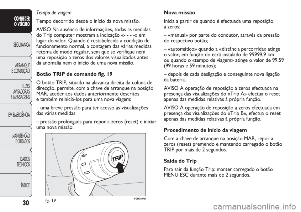 Abarth Punto Evo 2011 Manual de Uso e Manutenção (in Portuguese) 30
CONHECER
O VEÍCULO
SEGURANÇA
ARRANQUE
E CONDUÇÃO
LUZES
AVISADORAS
E MENSAGENS
EM EMERGÊNCIA
MANUTENÇÃO
E CUIDADOS
DADOS
TÉCNICOS
ÍNDICE
F0U018Abfig. 19
Nova missão
Inicia a partir de qua Abarth Punto Evo 2011 Manual de Uso e Manutenção (in Portuguese) 30
CONHECER
O VEÍCULO
SEGURANÇA
ARRANQUE
E CONDUÇÃO
LUZES
AVISADORAS
E MENSAGENS
EM EMERGÊNCIA
MANUTENÇÃO
E CUIDADOS
DADOS
TÉCNICOS
ÍNDICE
F0U018Abfig. 19
Nova missão
Inicia a partir de qua