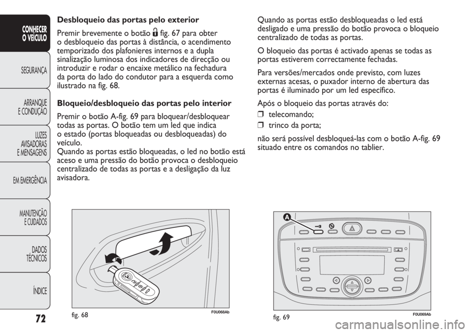 Abarth Punto Evo 2011 Manual de Uso e Manutenção (in Portuguese) 72
CONHECER
O VEÍCULO
SEGURANÇA
ARRANQUE
E CONDUÇÃO
LUZES
AVISADORAS
E MENSAGENS
EM EMERGÊNCIA
MANUTENÇÃO
E CUIDADOS
DADOS
TÉCNICOS
ÍNDICE
F0U069Abfig. 69F0U068Abfig. 68
Desbloqueio das porta Abarth Punto Evo 2011 Manual de Uso e Manutenção (in Portuguese) 72
CONHECER
O VEÍCULO
SEGURANÇA
ARRANQUE
E CONDUÇÃO
LUZES
AVISADORAS
E MENSAGENS
EM EMERGÊNCIA
MANUTENÇÃO
E CUIDADOS
DADOS
TÉCNICOS
ÍNDICE
F0U069Abfig. 69F0U068Abfig. 68
Desbloqueio das porta