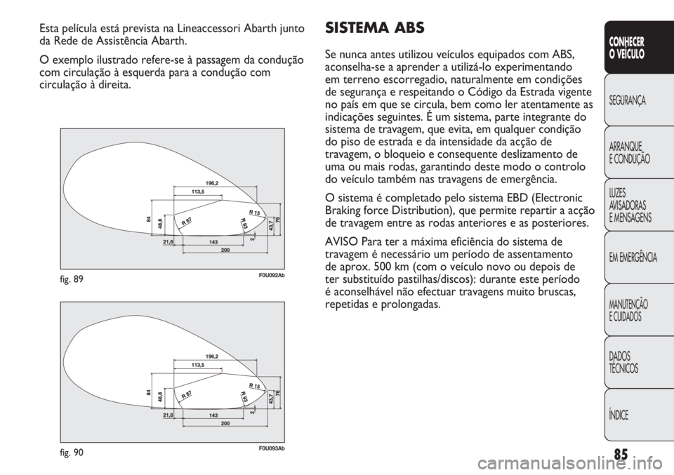 Abarth Punto Evo 2011 Manual de Uso e Manutenção (in Portuguese) 85
CONHECER
O VEÍCULO
SEGURANÇA
ARRANQUE
E CONDUÇÃO
LUZES
AVISADORAS
E MENSAGENS
EM EMERGÊNCIA
MANUTENÇÃO
E CUIDADOS
DADOS
TÉCNICOS
ÍNDICE
Esta película está prevista na Lineaccessori Abar Abarth Punto Evo 2011 Manual de Uso e Manutenção (in Portuguese) 85
CONHECER
O VEÍCULO
SEGURANÇA
ARRANQUE
E CONDUÇÃO
LUZES
AVISADORAS
E MENSAGENS
EM EMERGÊNCIA
MANUTENÇÃO
E CUIDADOS
DADOS
TÉCNICOS
ÍNDICE
Esta película está prevista na Lineaccessori Abar