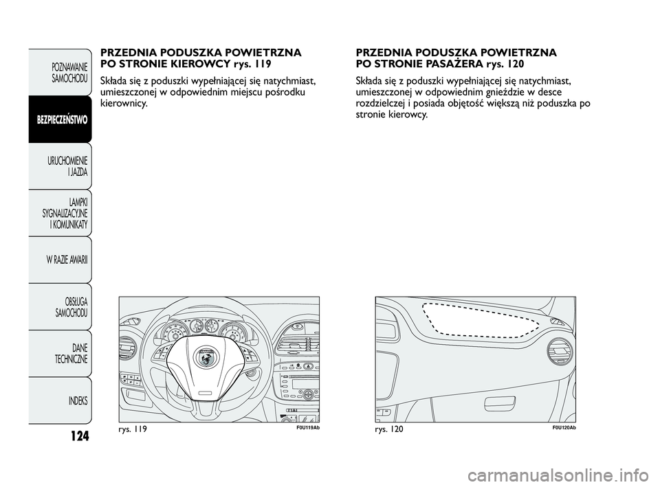Abarth Punto Evo 2010  Instrukcja obsługi (in Polish) 124
F0U119Abrys. 119F0U120Abrys. 120
PRZEDNIA PODUSZKA POWIETRZNA 
PO STRONIE KIEROWCY rys. 119
Składa się z poduszki wypełniającej się natychmiast,
umieszczonej w odpowiednim miejscu pośrodku
k
