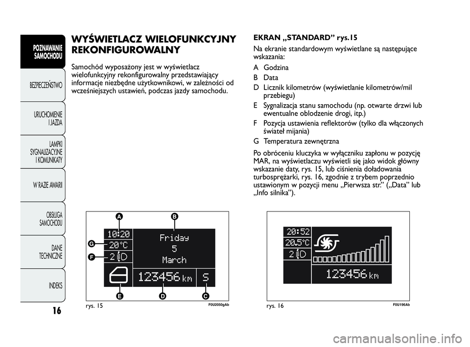 Abarth Punto Evo 2010 Instrukcja obsługi (in Polish) CONOSCENZA
DELLA
VETTURA
16
POZNAWANIE
SAMOCHODU
BEZPIECZEŃSTWO
URUCHOMIENIE
I JAZDA
LAMPKI
SYGNALIZACYJNE
I KOMUNIKATY
W RAZIE AWARII
OBSŁUGA
SAMOCHODU
DANE
TECHNICZNE
INDEKS
rys. 15F0U2050gAb
WY Abarth Punto Evo 2010 Instrukcja obsługi (in Polish) CONOSCENZA
DELLA
VETTURA
16
POZNAWANIE
SAMOCHODU
BEZPIECZEŃSTWO
URUCHOMIENIE
I JAZDA
LAMPKI
SYGNALIZACYJNE
I KOMUNIKATY
W RAZIE AWARII
OBSŁUGA
SAMOCHODU
DANE
TECHNICZNE
INDEKS
rys. 15F0U2050gAb
WY