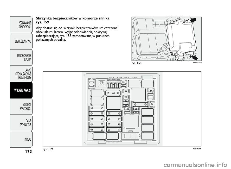 Abarth Punto Evo 2010  Instrukcja obsługi (in Polish) 172
POZNAWANIE
SAMOCHODU
BEZPIECZE
ŃSTWO
URUCHOMIENIE
I JAZDA
LAMPKI
SYGNALIZACYJNE
I KOMUNIKATY
WRAZIEAWA R I I
OBSŁUGA
SAMOCHODU
DANE
TECHNICZNE
INDEKS
F0U162Abrys. 158
F0U163Abrys. 159
Skrzynka b