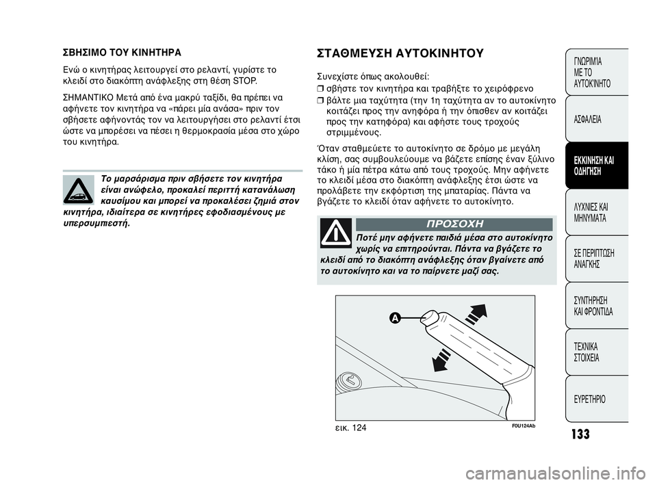 Abarth Punto Evo 2010  ΒΙΒΛΙΟ ΧΡΗΣΗΣ ΚΑΙ ΣΥΝΤΗΡΗΣΗΣ (in Greek) 133
ΣΒΗΣΙΜΟ ΤΟΥ ΚΙΝΗΤΗΡΑ
Ενώ ο κινητήρας λειτουργεί στο ρελαντί, γυρίστε το
κλειδί στο διακόπτη ανάφλεξης στη 