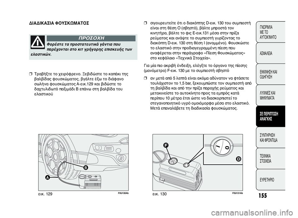 Abarth Punto Evo 2010  ΒΙΒΛΙΟ ΧΡΗΣΗΣ ΚΑΙ ΣΥΝΤΗΡΗΣΗΣ (in Greek) F0U131Abεικ. 130F0U130Abεικ. 129
ΔΙΑΔΙΚΑΣΙΑ ΦΟΥΣΚΩΜΑΤΟΣ
Φορέστε τα προστατευτικά γάντια που
παρέχονται στο κιτ γρήγορη