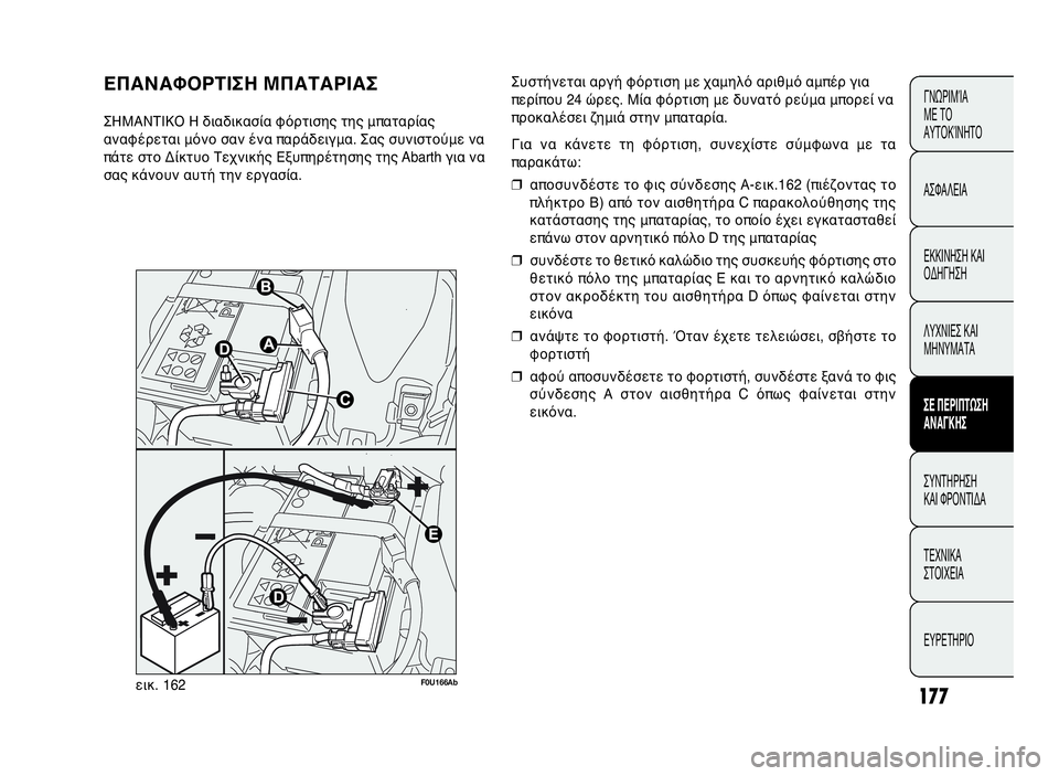 Abarth Punto Evo 2010  ΒΙΒΛΙΟ ΧΡΗΣΗΣ ΚΑΙ ΣΥΝΤΗΡΗΣΗΣ (in Greek) 177
ΓΝΩΡΙΜΊΑ
ΜΕ ΤΟ
ΑΥΤΟΚΊΝΗΤΟ
ΑΣΦΑΛΕΙΑ
ΕΚΚΙΝΗΣΗ ΚΑΙ
ΟΔΗΓΗΣΗ
ΛΥΧΝΙΕΣ ΚΑΙ
ΜΗΝΥΜΑΤΑ
ΣΕ ΠΕΡΙΠΤΩΣΗ
ΑΝΑΓΚΗΣ
ΣΥΝΤΗΡΗ