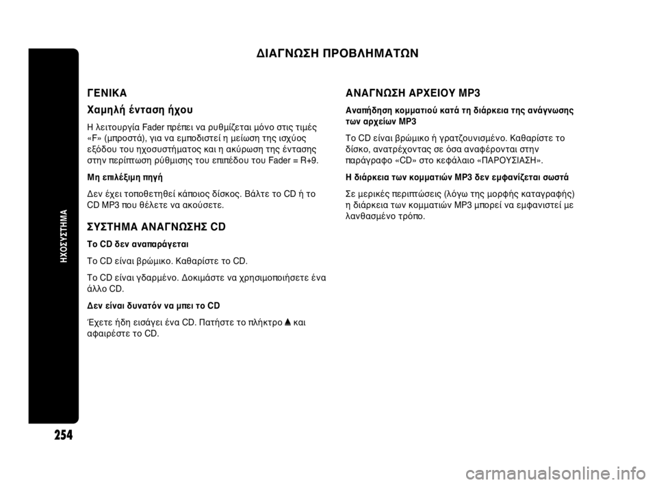 Abarth Punto Evo 2010  ΒΙΒΛΙΟ ΧΡΗΣΗΣ ΚΑΙ ΣΥΝΤΗΡΗΣΗΣ (in Greek) ΔΙΑΓΝΩΣΗ ΠΡΟΒΛΗΜΑΤΩΝ
ΗΧΟΣΥΣΤΗΜΑ
254
ΓΕΝΙΚΑ
Χαμηλή ένταση ήχου 
Η λειτουργία Fader πρέπει να ρυθμίζεται μόνο στις