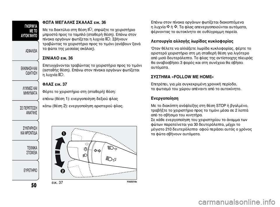 Abarth Punto Evo 2010  ΒΙΒΛΙΟ ΧΡΗΣΗΣ ΚΑΙ ΣΥΝΤΗΡΗΣΗΣ (in Greek) INDICE DATI TECNICI
MANUTENZIONE
E CURA
IN EMERGENZASPIE E
MESSAGGI AVVIAMENTO
E GUIDA SICUREZZA
CONOSCENZA
DELLA 
VETTURA
50
ΓΝΩΡΙΜΊΑ 
ΜΕ ΤΟ
ΑΥΤΟΚΊΝΗΤΟ
ΑΣΦΑΛΕΙΑ
ΕΚΚΙ