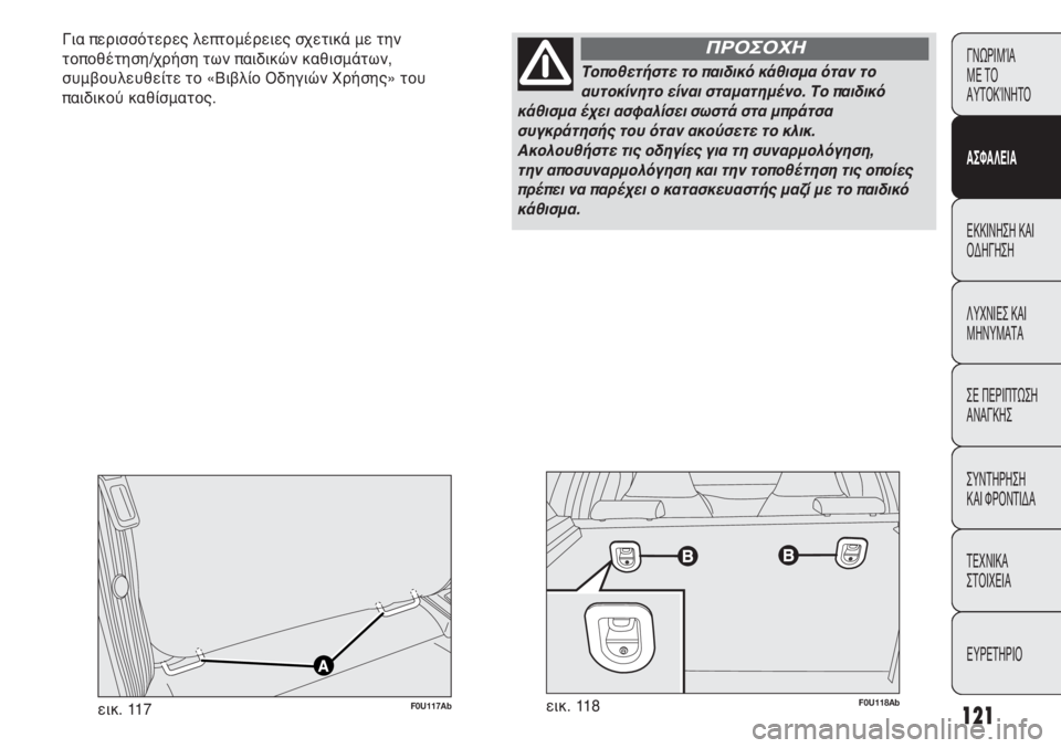 Abarth Punto Evo 2011  ΒΙΒΛΙΟ ΧΡΗΣΗΣ ΚΑΙ ΣΥΝΤΗΡΗΣΗΣ (in Greek) 121
ΓΝΩΡΙΜΊΑ 
ΜΕ ΤΟ
ΑΥΤΟΚΊΝΗΤΟ
ΑΣΦΑΛΕΙΑ
ΕΚΚΙΝΗΣΗ ΚΑΙ
ΟΔΗΓΗΣΗ
ΛΥΧΝΙΕΣ ΚΑΙ
ΜΗΝΥΜΑΤΑ
ΣΕ ΠΕΡΙΠΤΩΣΗ
ΑΝΑΓΚΗΣ
ΣΥΝΤΗΡ