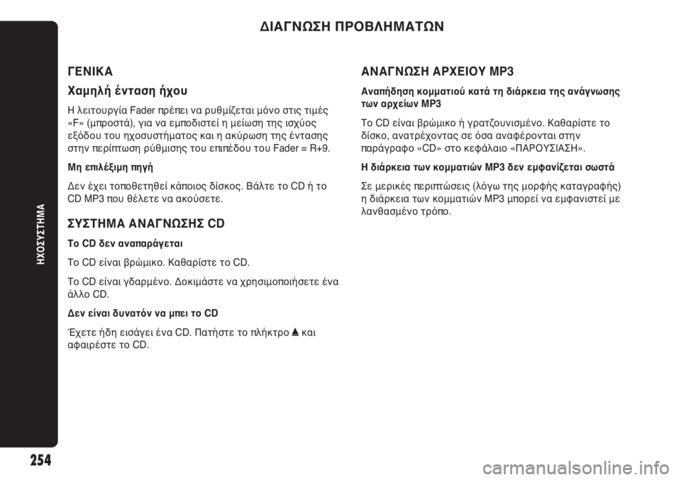 Abarth Punto Evo 2011 ΒΙΒΛΙΟ ΧΡΗΣΗΣ ΚΑΙ ΣΥΝΤΗΡΗΣΗΣ (in Greek) ΔΙΑΓΝΩΣΗ ΠΡΟΒΛΗΜΑΤΩΝ
ΗΧΟΣΥΣΤΗΜΑ
254
ΓΕΝΙΚΑ
Χαμηλή ένταση ήχου
Η λειτουργία Fader πρέπει να ρυθμίζεται μόνο στις Abarth Punto Evo 2011 ΒΙΒΛΙΟ ΧΡΗΣΗΣ ΚΑΙ ΣΥΝΤΗΡΗΣΗΣ (in Greek) ΔΙΑΓΝΩΣΗ ΠΡΟΒΛΗΜΑΤΩΝ
ΗΧΟΣΥΣΤΗΜΑ
254
ΓΕΝΙΚΑ
Χαμηλή ένταση ήχου
Η λειτουργία Fader πρέπει να ρυθμίζεται μόνο στις