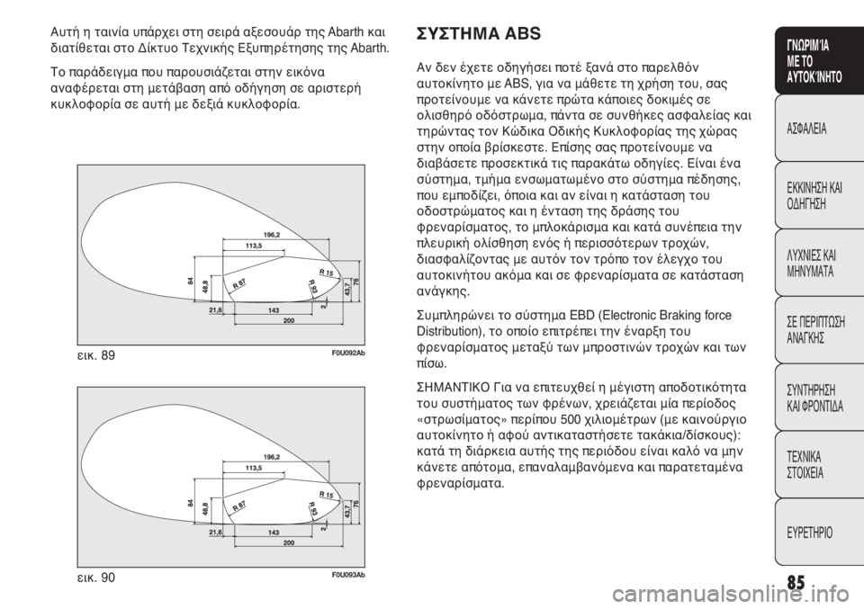 Abarth Punto Evo 2011 ΒΙΒΛΙΟ ΧΡΗΣΗΣ ΚΑΙ ΣΥΝΤΗΡΗΣΗΣ (in Greek) 85
ΓΝΩΡΙΜΊΑ
ΜΕ ΤΟ
ΑΥΤΟΚΊΝΗΤΟ
ΑΣΦΑΛΕΙΑ
ΕΚΚΙΝΗΣΗ ΚΑΙ
ΟΔΗΓΗΣΗ
ΛΥΧΝΙΕΣ ΚΑΙ
ΜΗΝΥΜΑΤΑ
ΣΕ ΠΕΡΙΠΤΩΣΗ
ΑΝΑΓΚΗΣ
ΣΥΝΤΗΡΗ Abarth Punto Evo 2011 ΒΙΒΛΙΟ ΧΡΗΣΗΣ ΚΑΙ ΣΥΝΤΗΡΗΣΗΣ (in Greek) 85
ΓΝΩΡΙΜΊΑ
ΜΕ ΤΟ
ΑΥΤΟΚΊΝΗΤΟ
ΑΣΦΑΛΕΙΑ
ΕΚΚΙΝΗΣΗ ΚΑΙ
ΟΔΗΓΗΣΗ
ΛΥΧΝΙΕΣ ΚΑΙ
ΜΗΝΥΜΑΤΑ
ΣΕ ΠΕΡΙΠΤΩΣΗ
ΑΝΑΓΚΗΣ
ΣΥΝΤΗΡΗ