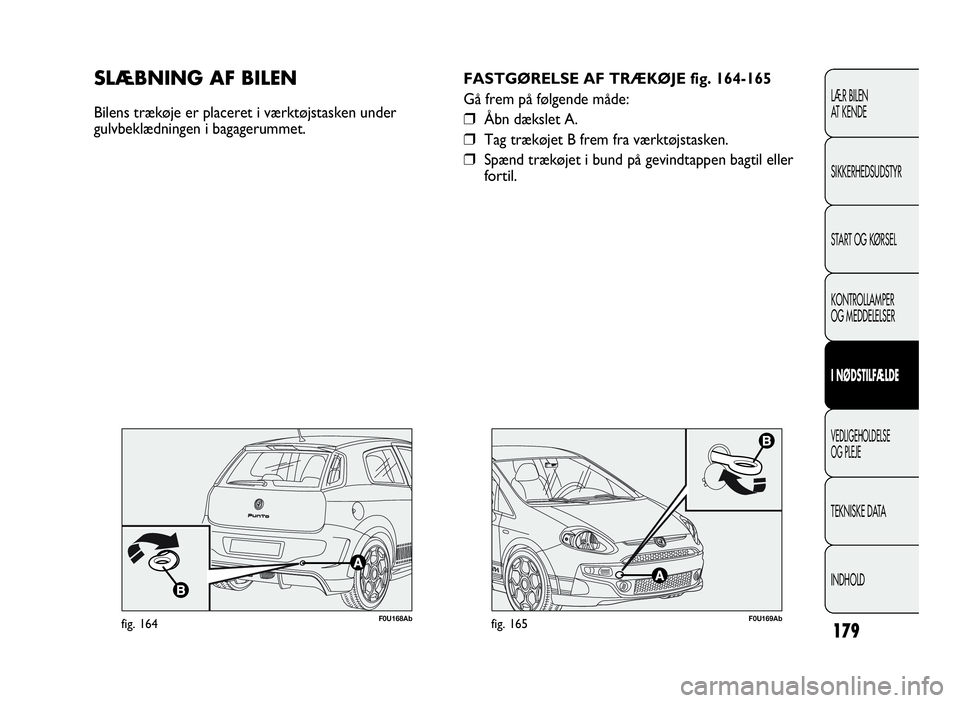 Abarth Punto Evo 2010  Brugs- og vedligeholdelsesvejledning (in Danish) 179
LÆR BILEN
AT KENDE
SIKKERHEDSUDSTYR
START OG KØRSEL
KONTROLLAMPER
OG MEDDELELSER
INØDSTILFÆLDE
VEDLIGEHOLDELSE
OG PLEJE
TEKNISKE DATA
INDHOLD
F0U169Abfig. 165
FASTGØRELSE AF TRÆKØJE fig. 16