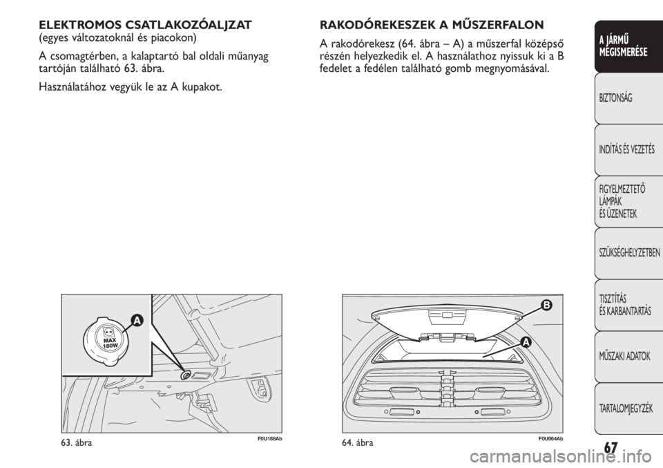 Abarth Punto Evo 2012  Kezelési és karbantartási útmutató (in Hungarian) 67
A JÁRMŰ 
MEGISMERÉSE
BIZTONSÁG
INDÍTÁS ÉS VEZETÉS
FIGYELMEZTETŐ 
LÁMPÁK 
ÉS ÜZENETEK
SZÜKSÉGHELYZETBEN
TISZTÍTÁS 
ÉS KARBANTARTÁS
MŰSZAKI ADATOK
TARTALOMJEGYZÉK
F0U064Ab64. áb