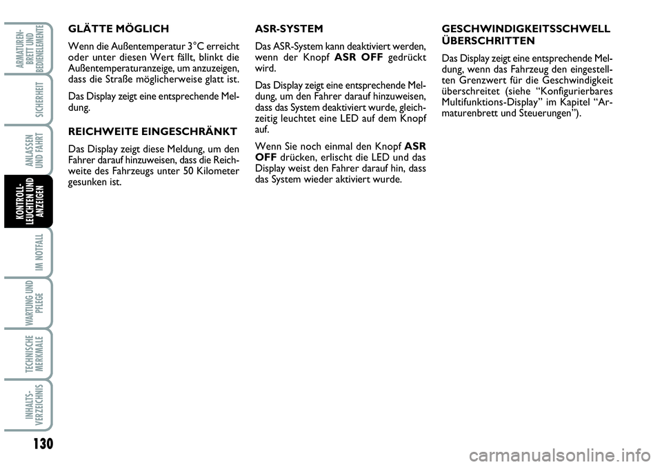 Abarth Grande Punto 2009 Betriebsanleitung (in German) 130
IM NOTFALL
WARTUNG UND
PFLEGE
TECHNISCHE
MERKMALE
INHALTS-
VERZEICHNIS
ARMATUREN-
BRETT UND
BEDIENELEMENTE
SICHERHEIT
ANLASSEN
UND FAHRT
KONTROLL-
LEUCHTEN UND
ANZEIGEN
GLÄTTE MÖGLICH
Wenn die Abarth Grande Punto 2009 Betriebsanleitung (in German) 130
IM NOTFALL
WARTUNG UND
PFLEGE
TECHNISCHE
MERKMALE
INHALTS-
VERZEICHNIS
ARMATUREN-
BRETT UND
BEDIENELEMENTE
SICHERHEIT
ANLASSEN
UND FAHRT
KONTROLL-
LEUCHTEN UND
ANZEIGEN
GLÄTTE MÖGLICH
Wenn die