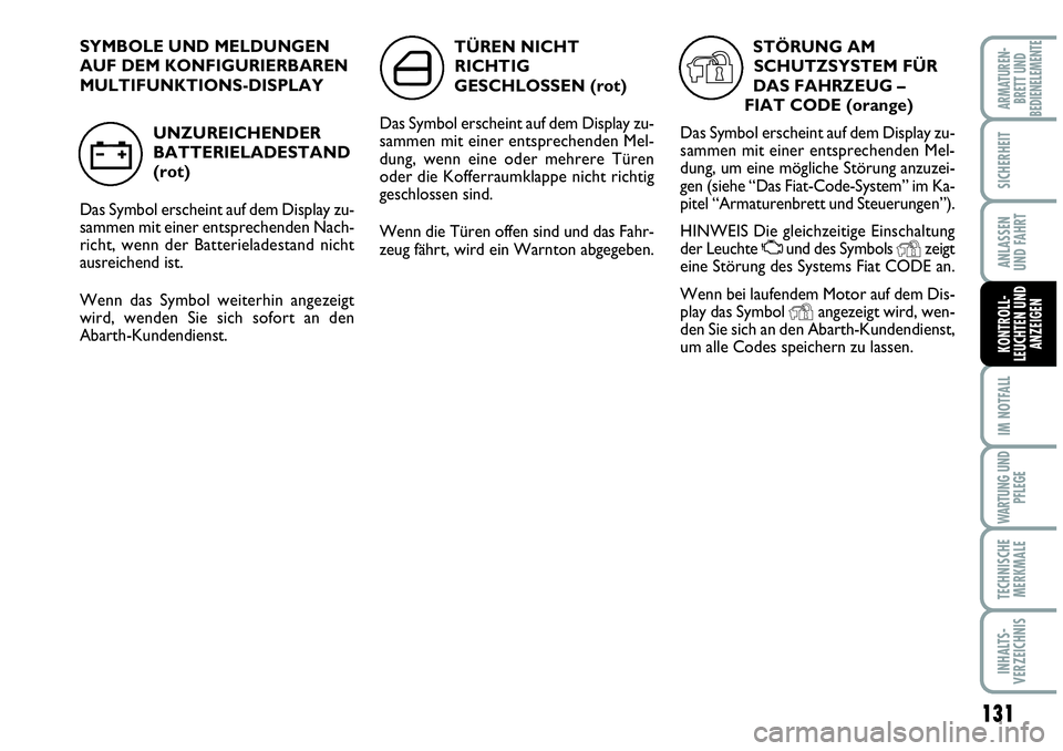 Abarth Grande Punto 2009 Betriebsanleitung (in German) 131
IM NOTFALL
WARTUNG UND
PFLEGE
TECHNISCHE
MERKMALE
INHALTS-
VERZEICHNIS
ARMATUREN-
BRETT UND
BEDIENELEMENTE
SICHERHEIT
ANLASSEN
UND FAHRT
KONTROLL-
LEUCHTEN UND
ANZEIGEN
SYMBOLE UND MELDUNGEN
AUF D Abarth Grande Punto 2009 Betriebsanleitung (in German) 131
IM NOTFALL
WARTUNG UND
PFLEGE
TECHNISCHE
MERKMALE
INHALTS-
VERZEICHNIS
ARMATUREN-
BRETT UND
BEDIENELEMENTE
SICHERHEIT
ANLASSEN
UND FAHRT
KONTROLL-
LEUCHTEN UND
ANZEIGEN
SYMBOLE UND MELDUNGEN
AUF D