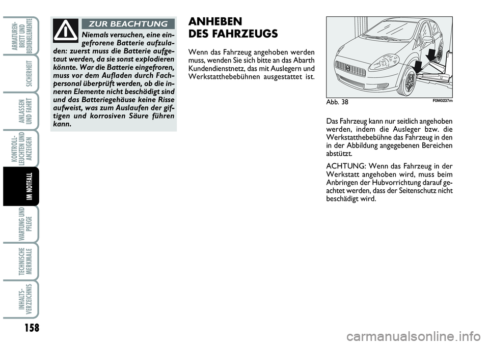 Abarth Grande Punto 2009 Betriebsanleitung (in German) 158
KONTROLL-
LEUCHTEN UND
ANZEIGEN
WARTUNG UND
PFLEGE
TECHNISCHE
MERKMALE
INHALTS-
VERZEICHNIS
ARMATUREN-
BRETT UND
BEDIENELEMENTE
SICHERHEIT
ANLASSEN
UND FAHRT
IM NOTFALL
Abb. 38F0M0237m
ANHEBEN
D Abarth Grande Punto 2009 Betriebsanleitung (in German) 158
KONTROLL-
LEUCHTEN UND
ANZEIGEN
WARTUNG UND
PFLEGE
TECHNISCHE
MERKMALE
INHALTS-
VERZEICHNIS
ARMATUREN-
BRETT UND
BEDIENELEMENTE
SICHERHEIT
ANLASSEN
UND FAHRT
IM NOTFALL
Abb. 38F0M0237m
ANHEBEN
D