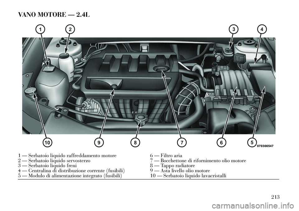 Lancia Flavia 2013  Libretto Uso Manutenzione (in Italian) VANO MOTORE — 2.4L1 — Serbatoio liquido raffreddamento motore6 — Filtro aria
2 — Serbatoio liquido servosterzo 7 — Bocchettone di rifornimento olio motore
3 — Serbatoio liquido freni 8 —