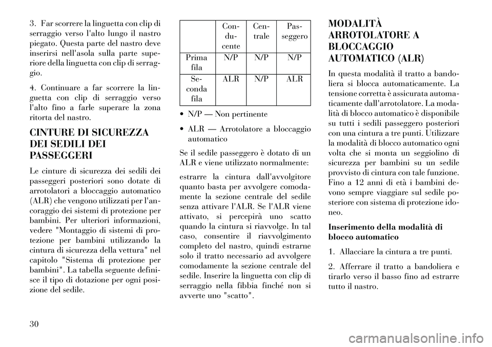 Lancia Flavia 2013  Libretto Uso Manutenzione (in Italian) 3. Far scorrere la linguetta con clip di
serraggio verso lalto lungo il nastro
piegato. Questa parte del nastro deve
inserirsi nellasola sulla parte supe-
riore della linguetta con clip di serrag-
g