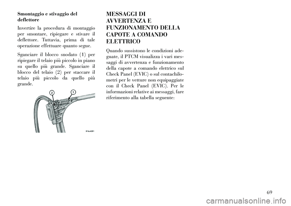 Lancia Flavia 2013  Libretto Uso Manutenzione (in Italian) Smontaggio e stivaggio del
deflettore
Invertire la procedura di montaggio
per smontare, ripiegare e stivare il
deflettore. Tuttavia, prima di tale
operazione effettuare quanto segue.
Sganciare il bloc