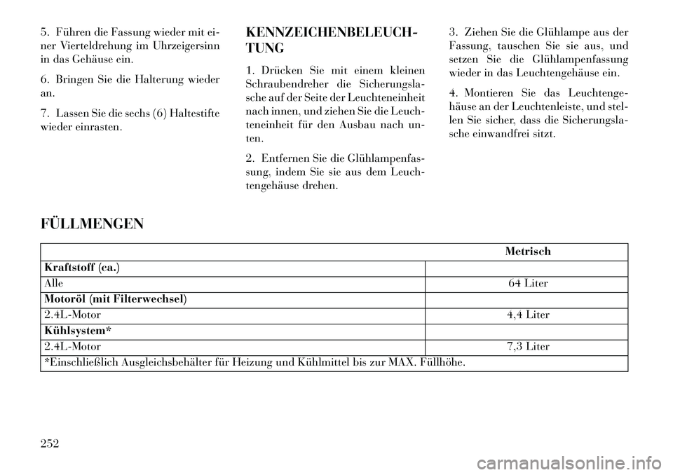 Lancia Flavia 2013  Betriebsanleitung (in German) 5. Führen die Fassung wieder mit ei-
ner Vierteldrehung im Uhrzeigersinn
in das Gehäuse ein.
6. Bringen Sie die Halterung wieder
an.
7. Lassen Sie die sechs (6) Haltestifte
wieder einrasten.KENNZEIC