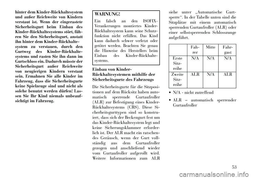 Lancia Flavia 2013 Betriebsanleitung (in German) hinter dem KinderRückhaltesystem
und außer Reichweite von Kindern
verstaut ist. Wenn der eingerastete
Sicherheitsgurt beim Einbau des
KinderRückhaltesystems stört, füh
ren Sie den Sicherhei Lancia Flavia 2013 Betriebsanleitung (in German) hinter dem KinderRückhaltesystem
und außer Reichweite von Kindern
verstaut ist. Wenn der eingerastete
Sicherheitsgurt beim Einbau des
KinderRückhaltesystems stört, füh
ren Sie den Sicherhei