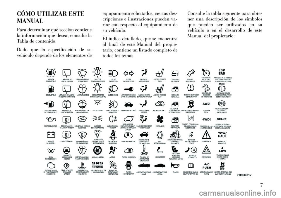 Lancia Flavia 2013  Manual de Empleo y Cuidado (in Spanish) CÓMO UTILIZAR ESTE
MANUAL
Para determinar qué sección contiene
la información que desea, consulte la
Tabla de contenido.
Dado que la especificación de su
vehículo depende de los elementos deequi