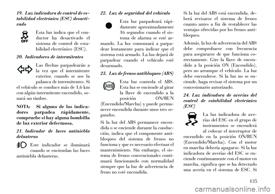 Lancia Flavia 2013 Manual de Empleo y Cuidado (in Spanish) 19. Luz indicadora de control de es-
tabilidad electrónico (ESC) desacti-
vadoEsta luz indica que el con-
ductor ha desactivado el
sistema de control de esta-
bilidad electrónico (ESC).
20. Indicado Lancia Flavia 2013 Manual de Empleo y Cuidado (in Spanish) 19. Luz indicadora de control de es-
tabilidad electrónico (ESC) desacti-
vadoEsta luz indica que el con-
ductor ha desactivado el
sistema de control de esta-
bilidad electrónico (ESC).
20. Indicado
