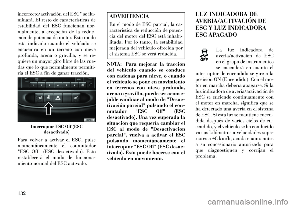 Lancia Flavia 2013 Manual de Empleo y Cuidado (in Spanish) incorrecto/activación del ESC" se ilu-
minará. El resto de características de
estabilidad del ESC funcionan nor-
malmente, a excepción de la reduc-
ción de potencia de motor. Este modo
está indi Lancia Flavia 2013 Manual de Empleo y Cuidado (in Spanish) incorrecto/activación del ESC" se ilu-
minará. El resto de características de
estabilidad del ESC funcionan nor-
malmente, a excepción de la reduc-
ción de potencia de motor. Este modo
está indi