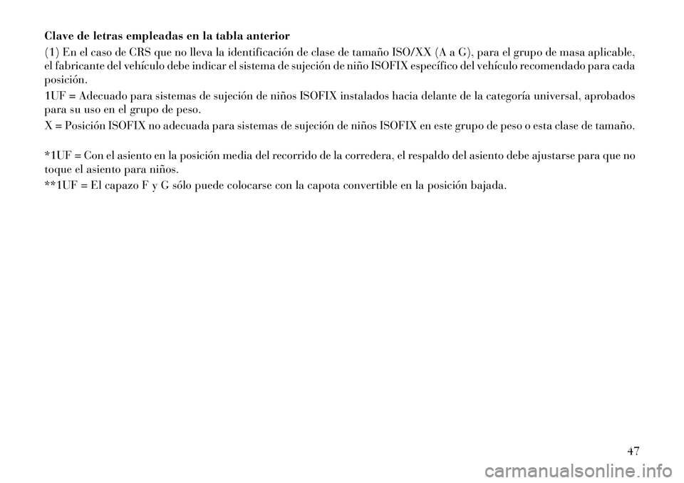 Lancia Flavia 2013  Manual de Empleo y Cuidado (in Spanish) Clave de letras empleadas en la tabla anterior
(1) En el caso de CRS que no lleva la identificación de clase de tamaño ISO/XX (A a G), para el grupo de masa aplicable,
el fabricante del vehículo de