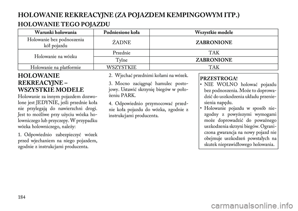 Lancia Flavia 2012 Instrukcja obsługi (in Polish) HOLOWANIE REKREACYJNE (ZA POJAZDEM KEMPINGOWYM ITP.)
HOLOWANIE TEGO POJAZDU
Warunki holowaniaPodniesione koła Wszystkie modele
Holowanie bez podnoszenia kół pojazdu ŻADNE
ZABRONIONE
Holowanie na w Lancia Flavia 2012 Instrukcja obsługi (in Polish) HOLOWANIE REKREACYJNE (ZA POJAZDEM KEMPINGOWYM ITP.)
HOLOWANIE TEGO POJAZDU
Warunki holowaniaPodniesione koła Wszystkie modele
Holowanie bez podnoszenia kół pojazdu ŻADNE
ZABRONIONE
Holowanie na w