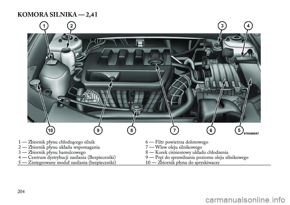Lancia Flavia 2012  Instrukcja obsługi (in Polish) KOMORA SILNIKA — 2,4 l1 — Zbiornik płynu chłodzącego silnik6 — Filtr powietrza dolotowego
2 — Zbiornik płynu układu wspomagania 7 — Wlew oleju silnikowego
3 — Zbiornik płynu hamulcow