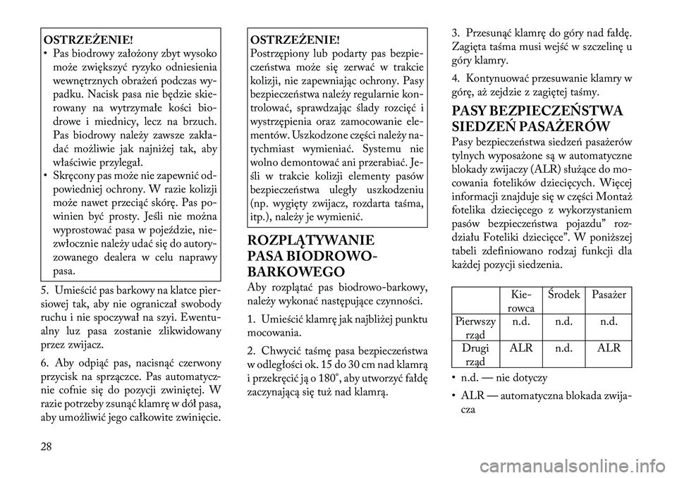 Lancia Flavia 2012 Instrukcja obsługi (in Polish) OSTRZEŻENIE!
• Pas biodrowy założony zbyt wysokomoże zwiększyć ryzyko odniesienia
wewnętrznych obraże\f podczas wy-
padku. Nacisk pasa nie będzie skie-
rowany na wytrzymałe kości bio-
dro Lancia Flavia 2012 Instrukcja obsługi (in Polish) OSTRZEŻENIE!
• Pas biodrowy założony zbyt wysokomoże zwiększyć ryzyko odniesienia
wewnętrznych obraże\f podczas wy-
padku. Nacisk pasa nie będzie skie-
rowany na wytrzymałe kości bio-
dro