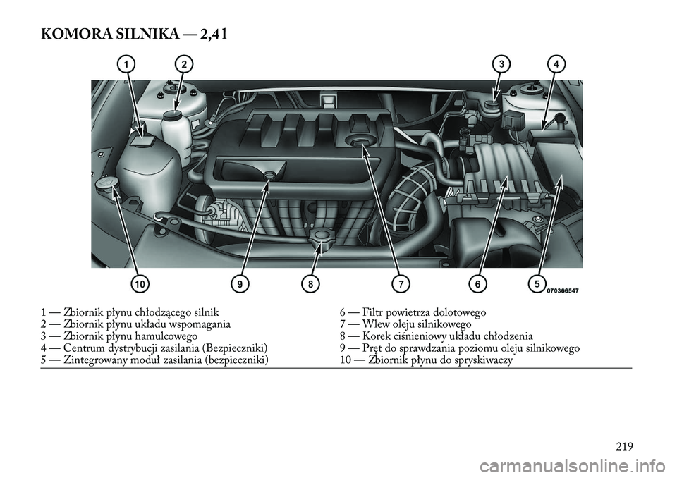 Lancia Flavia 2013  Instrukcja obsługi (in Polish) KOMORA SILNIKA — 2,4 l1 — Zbiornik płynu chłodzącego silnik6 — Filtr powietrza dolotowego
2 — Zbiornik płynu układu wspomagania 7 — Wlew oleju silnikowego
3 — Zbiornik płynu hamulcow