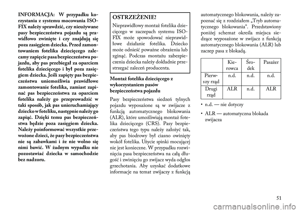 Lancia Flavia 2013  Instrukcja obsługi (in Polish) INFORMACJA: W przypadku ko-
rzystania z systemu mocowania ISO-
FIX należy sprawdzić, czy nieużywane
pasy bezpieczeństwa pojazdu s\b pra-
widłowo zwinięte i czy znajduj\b się
poza zasięgiem dzi