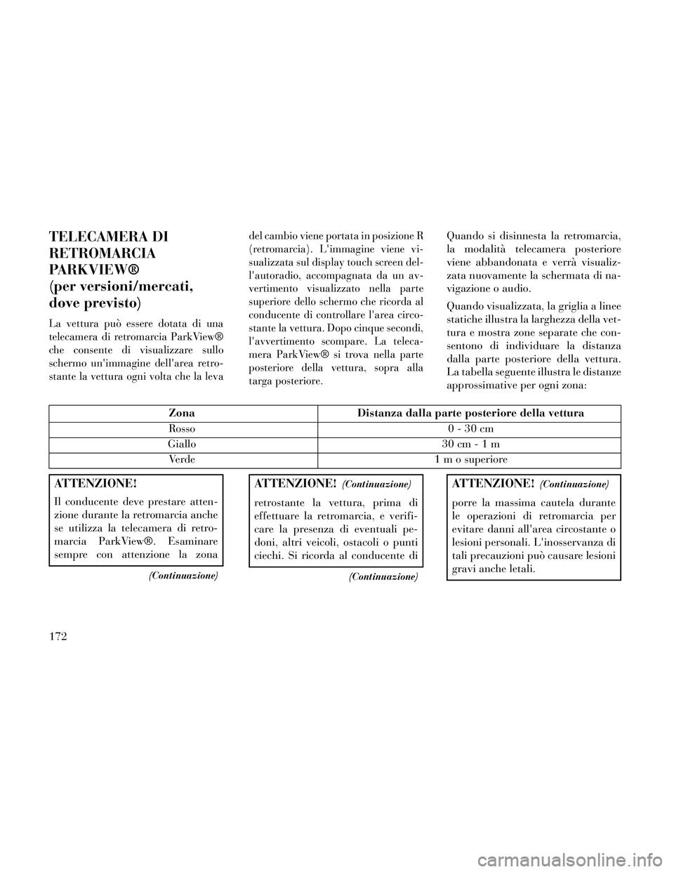 Lancia Thema 2014 Libretto Uso Manutenzione (in Italian) TELECAMERA DI
RETROMARCIA
PARKVIEW®
(per versioni/mercati,
dove previsto)
La vettura può essere dotata di una
telecamera di retromarcia ParkView®
che consente di visualizzare sullo
schermo unimmag Lancia Thema 2014 Libretto Uso Manutenzione (in Italian) TELECAMERA DI
RETROMARCIA
PARKVIEW®
(per versioni/mercati,
dove previsto)
La vettura può essere dotata di una
telecamera di retromarcia ParkView®
che consente di visualizzare sullo
schermo unimmag