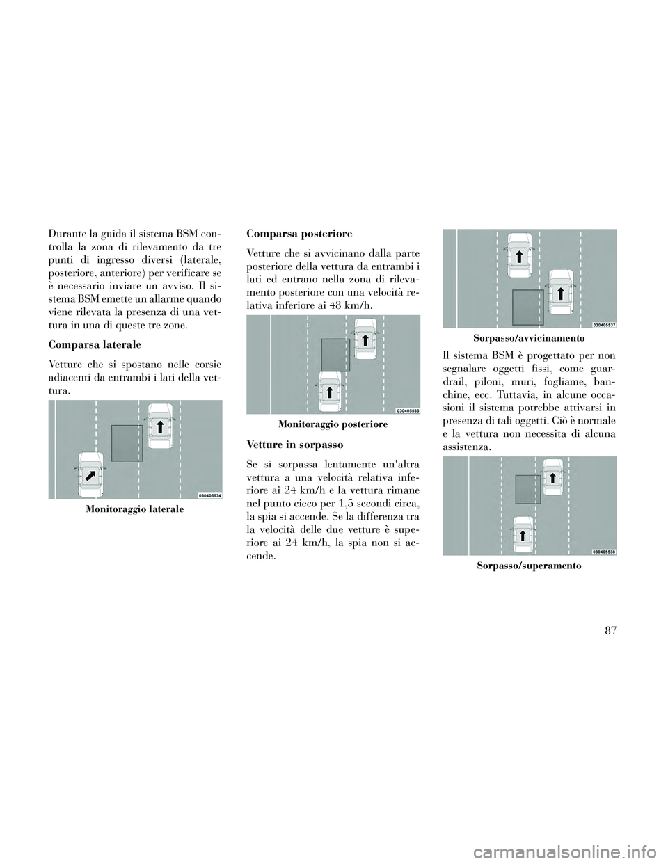 Lancia Thema 2014  Libretto Uso Manutenzione (in Italian) Durante la guida il sistema BSM con-
trolla la zona di rilevamento da tre
punti di ingresso diversi (laterale,
posteriore, anteriore) per verificare se
è necessario inviare un avviso. Il si-
stema BS