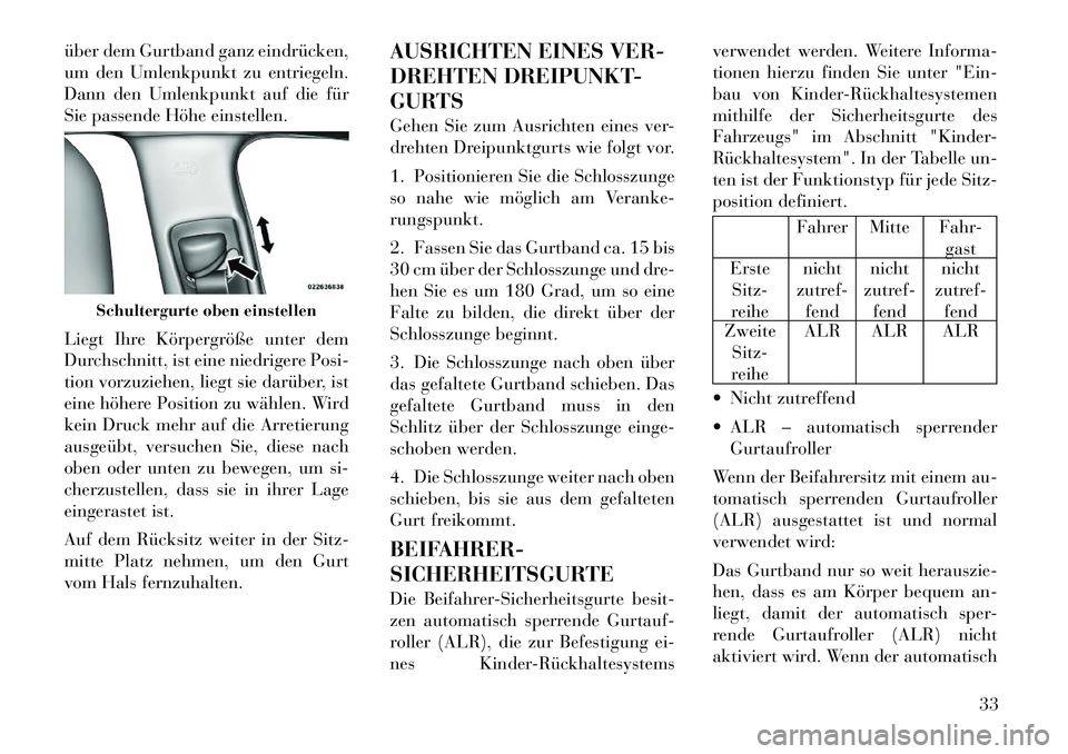 Lancia Thema 2012  Betriebsanleitung (in German) über dem Gurtband ganz eindrücken, 
um den Umlenkpunkt zu entriegeln.
Dann den Umlenkpunkt auf die für
Sie passende Höhe einstellen. 
Liegt Ihre Körpergröße unter dem 
Durchschnitt, ist eine ni