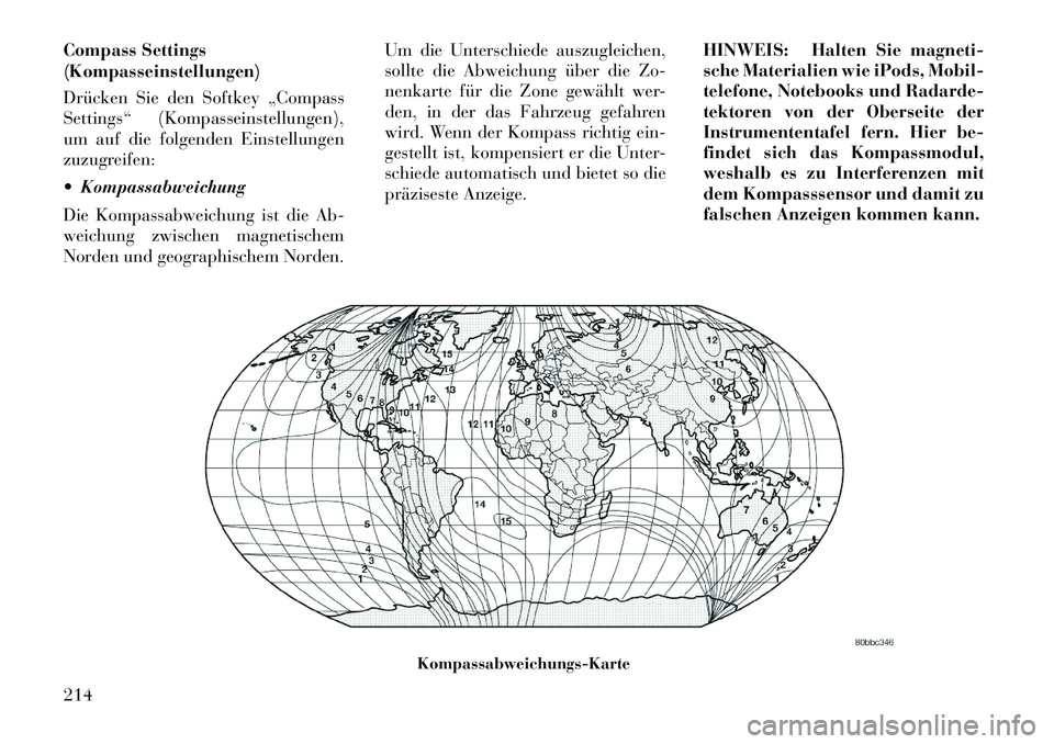 Lancia Thema 2013  Betriebsanleitung (in German) Compass Settings
(Kompasseinstellungen)
Drücken Sie den Softkey „Compass
Settings“ (Kompasseinstellungen),
um auf die folgenden Einstellungen
zuzugreifen:
 Kompassabweichung
Die Kompassabweichun