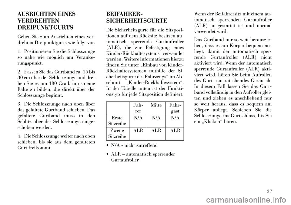 Lancia Thema 2013 Betriebsanleitung (in German) AUSRICHTEN EINES
VERDREHTEN
DREIPUNKTGURTS
Gehen Sie zum Ausrichten eines ver-
drehten Dreipunktgurts wie folgt vor.
1. Positionieren Sie die Schlosszunge
so nahe wie möglich am Veranke-
rungspunkt.
Lancia Thema 2013 Betriebsanleitung (in German) AUSRICHTEN EINES
VERDREHTEN
DREIPUNKTGURTS
Gehen Sie zum Ausrichten eines ver-
drehten Dreipunktgurts wie folgt vor.
1. Positionieren Sie die Schlosszunge
so nahe wie möglich am Veranke-
rungspunkt.