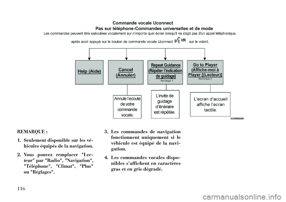 Lancia Thema 2013  Notice dentretien (in French) REMARQUE :
1.
Seulement disponible sur les vé­
hicules équipés de la navigation.
2.
Vous pouvez remplacer "Lec-
teur" par "Radio", "Navigation",
"Téléphone", "Climat", "Plus"
ou "Réglages".
3. 