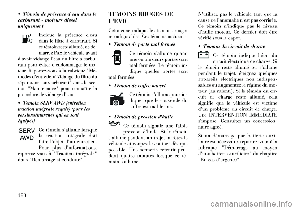 Lancia Thema 2013  Notice dentretien (in French)  Témoin de présence deau dans le
carburant - moteurs diesel
uniquement
Indique la présence deau
dans le filtre à carburant. Si
ce témoin reste allumé, ne dé­
marrez PAS le véhicule avant
d